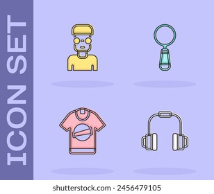 Conjunto de auriculares, nerd geek, camiseta y lupa icono. Vector