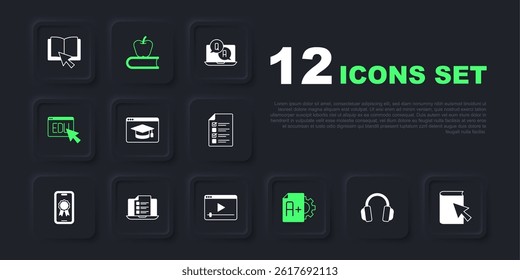 Set Headphones, Online book, education, Exam sheet with A plus grade, quiz, test, survey, Book apple and play video icon. Vector