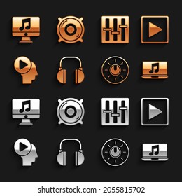 Set Headphones, Play in square, Laptop with music note, Dial knob level technology settings, people play button, Sound mixer controller, Computer and Stereo speaker icon. Vector