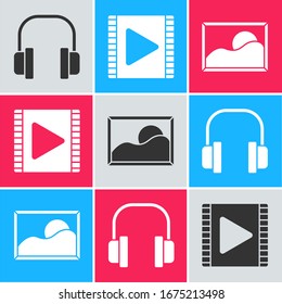 Set Headphones, Play Video and Picture landscape icon. Vector