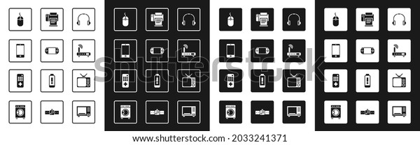 Set Headphones, Portable\
video game console, Smartphone, mobile, Computer mouse, Router and\
wi-fi signal, Printer, Retro tv and Remote control icon.\
Vector