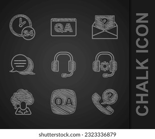 Set Headphones, Question and Answer, Telephone 24 hours support, Speech bubble chat, Envelope with question mark and Clock icon. Vector