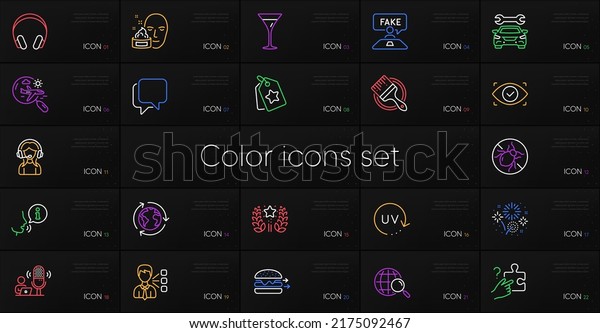 Set of Headphones, Ranking and Loyalty tags line
icons. Include Talk bubble, Fireworks, Car icons. Search flight,
Bed bugs, Web search web elements. Fake review, Third party,
Outsourcing. Vector