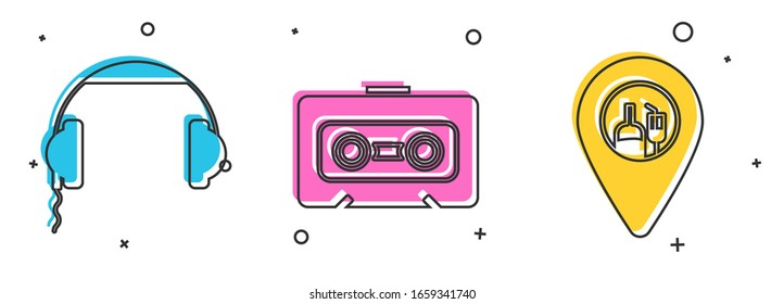 Set Headphones , Retro audio cassette tape  and Alcohol or beer bar location  icon. Vector
