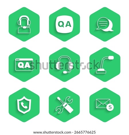 Set Headphones, Screwdriver and wrench spanner, New, email incoming message, Microphone, Telephone 24 hours support, Question Answer, Speech bubble chat and Man with headset icon. Vector
