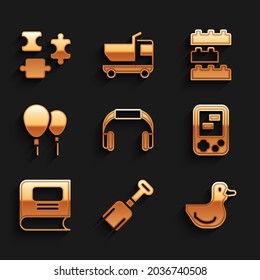 Set Headphones, Shovel toy, Rubber duck, Tetris electronic game, Book, Balloons, Toy building block bricks and Puzzle pieces icon. Vector