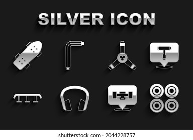 Set Headphones, Skateboard T tool, wheel, stairs with rail, Y-tool,  and Tool allen keys icon. Vector