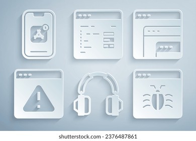 Set Headphones, Software, Browser with exclamation mark, System bug,  and Mobile Apps icon. Vector