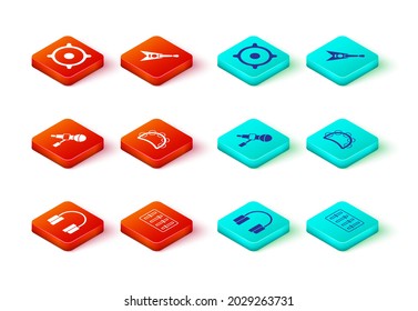 Set Headphones, Sound mixer controller, Microphone, Tambourine, Electric bass guitar and Stereo speaker icon. Vector