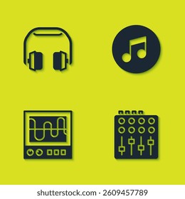 Set Headphones, Sound mixer controller, Oscilloscope and Music note, tone icon. Vector