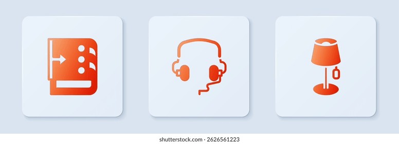 Set Headphones, Sound mixer controller and Floor lamp. White square button. Vector