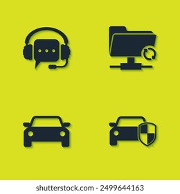 Set Headphones with speech bubble, Car protection or insurance,  and FTP sync refresh icon. Vector