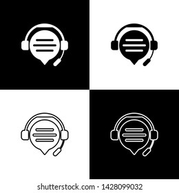 Set Headphones with speech bubble chat icon isolated on black and white background. Support customer service, hotline, call center, faq, maintenance.  Vector Illustration