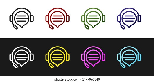 Set Headphones with speech bubble chat icon isolated on black and white background. Support customer service, hotline, call center, faq, maintenance.  Vector Illustration