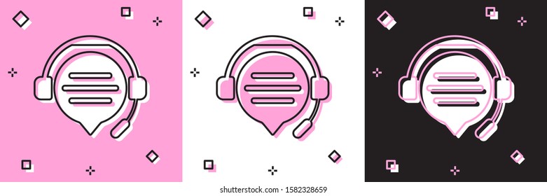 Set Headphones with speech bubble chat icon isolated on pink and white, black background. Support customer service, hotline, call center, faq, maintenance.  Vector Illustration