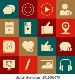 Legen Sie Kopfhörer, Sprechblasen-Chat, Digital-Medien spielen mit Position, Play in Kreis, Smartphone, Handy, Tablet, und Hand-like-Symbol. Vektorgrafik
