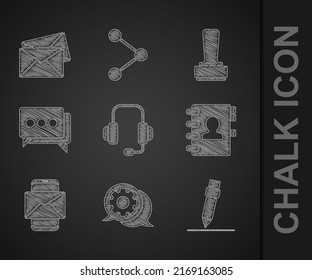 Set Headphones, Speech bubble chat, Pencil with eraser, Address book, Mobile and envelope, Stamp and Envelope icon. Vector