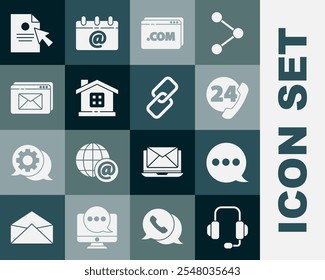 Set Headphones, Speech bubble chat, Telephone 24 hours support, Website template, House, and envelope, Document cursor and Chain link icon. Vector