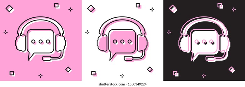 Set Headphones with speech bubble icon isolated on pink and white, black background. Support customer services, hotline, call center, guideline, maintenance.  Vector Illustration