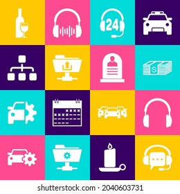 Set Headphones with speech bubble, , Paper money dollars cash, for support, FTP folder upload and Hierarchy organogram chart icon. Vector