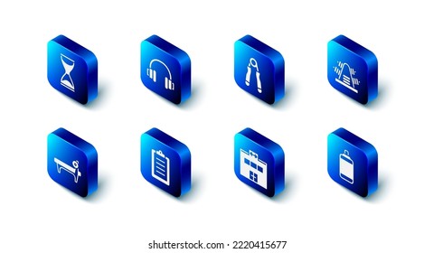 Set Headphones, Sport expander, Metal rack with weights, Punching bag, Gym building, training program, Bench barbel and Old hourglass icon. Vector