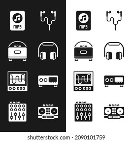 Set Headphones, Stereo speaker, MP3 file document, Air headphones, Oscilloscope, Guitar amplifier, DJ remote and mixing music and Sound mixer controller icon. Vector