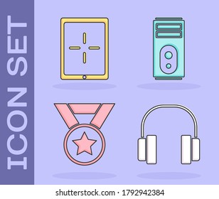 Set Headphones, Tablet, Medal and Computer icon. Vector