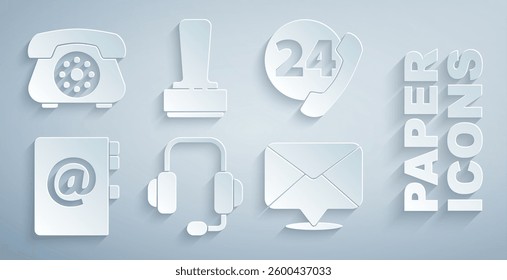 Set Headphones, Telephone 24 hours support, Address book, Envelope, Stamp and  icon. Vector