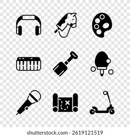 Set Headphones, Toy horse, Palette, Microphone, Pirate treasure map, Roller scooter, Music synthesizer and Shovel toy icon. Vector