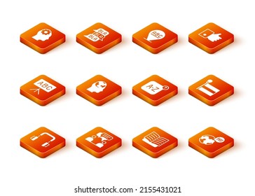 Set Headphones, Two sitting men talking, Chalkboard, Learning foreign languages, Open book, Online translator,  and Flag icon. Vector