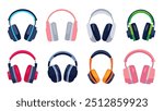 Set of headphones vector flat illustration, headphone clip art collection, headset flat icon set, audio listening media equipment