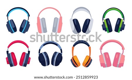 Set of headphones vector flat illustration, headphone clip art collection, headset flat icon set, audio listening media equipment