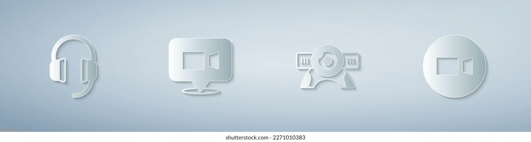 Set Headphones, Video chat conference, Web camera and . Paper art style. Vector