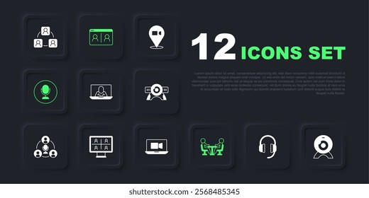 Set Headphones, Web camera, Video chat conference, Meeting, Microphone,  and  icon. Vector