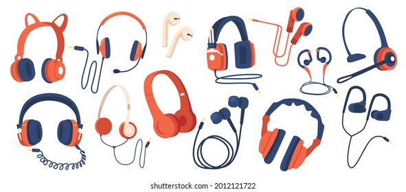 Set of Headphones, Wired and Wireless Earphones, Audio Equipment for Music Listening. Earbuds for Smartphone and Electronic Devices, Accessory Isolated on White Background. Cartoon Vector Illustration