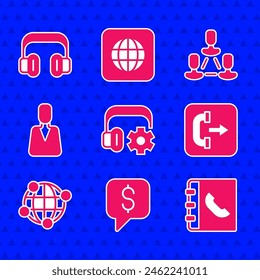 Set Headphoneswith settings, Paid support, Phone book, Outgoing call, Global technology, Employee, hierarchy and  icon. Vector