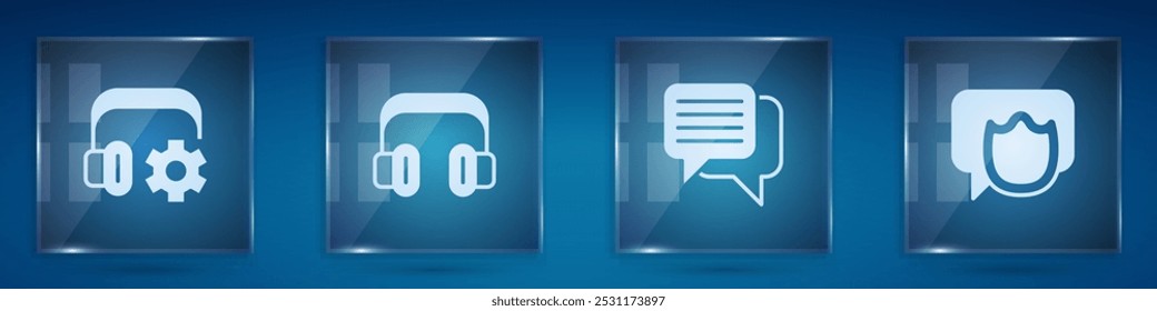 Set Headphoneswith settings, Speech bubble chat and . Square glass panels. Vector