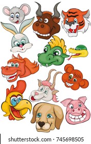 Set. Heads of animals. Chinese horoscope. Cartoon style. Clip art for children.