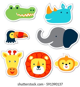 Set heads of animals in Doodle style on non-ferrous substrates, vector