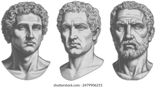 Set of Heads of Antique Statues. Abstract Greek Heads. Roman Busts. Collage Black And White Element in Halftone Effect. Vector illustration.