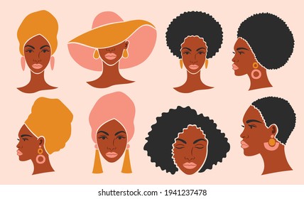 Set of heads of a beautiful black woman. Female avatar collection of a young African American with beautiful face. Black beauty Fashion Vector Illustration.