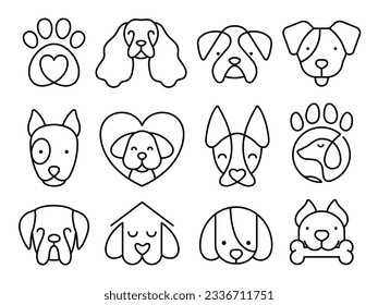 Set of heads of different breeds dogs. Corgi, Pug, Chihuahua, Terrier, Retriever, Dachshund, Poodle. Collection of dog faces Hand drawn isolated vector illustration in doodle style on white background