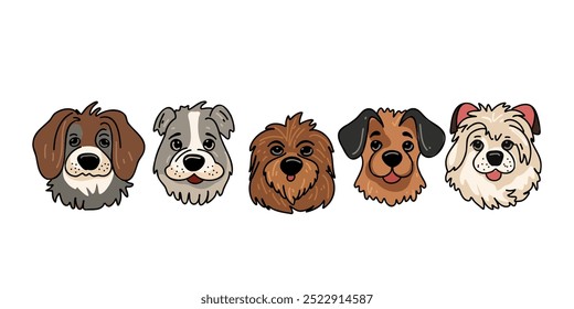 Set of heads of different breeds dogs.