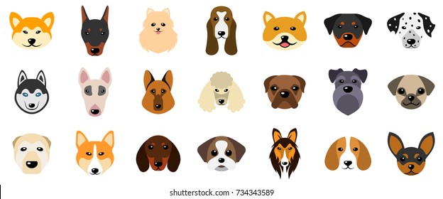 Set Heads of Dogs, Collection Different Breeds of Canines, Isolated on White Background - Illustration Vector