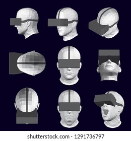Set with heads in glasses of virtual reality. Vector illustration of 9 male heads from different angles with glasses of virtual reality. 3D Polygonal human head in different positions.