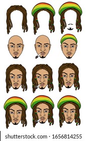 set of heads and hairstyles with dreadlocks. Rastaman culture.Vector .Isolated on white background.