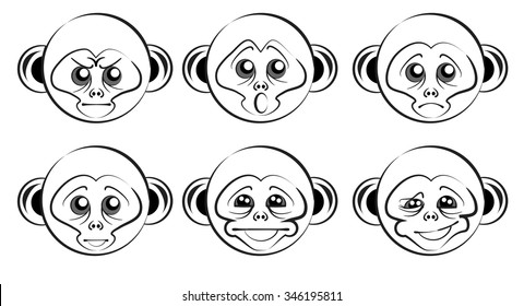 set of heads of monkeys with different emotions, vector illustration