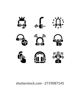 Set of headset glyph black icon and illustration