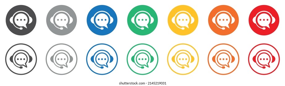 Conjunto de iconos de auriculares y burbujas de voz. Señales de audífonos, contáctenos, coloridos iconos de soporte. Vector.