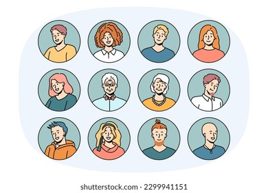 Conjunto de avatares de la cabeza de personas de diferentes edades y géneros. Retratos de cabeza de hombres y mujeres. Colección de jóvenes y ancianos. Diversidad. Ilustración vectorial.